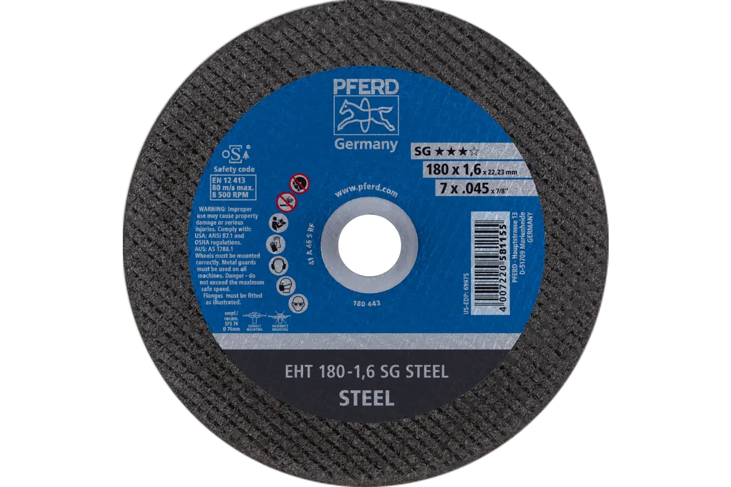 Picture of Pferd Cut-Off Wheel, 7" X .045 X 7/8, Sg Steel, T1, Aluminum Oxide